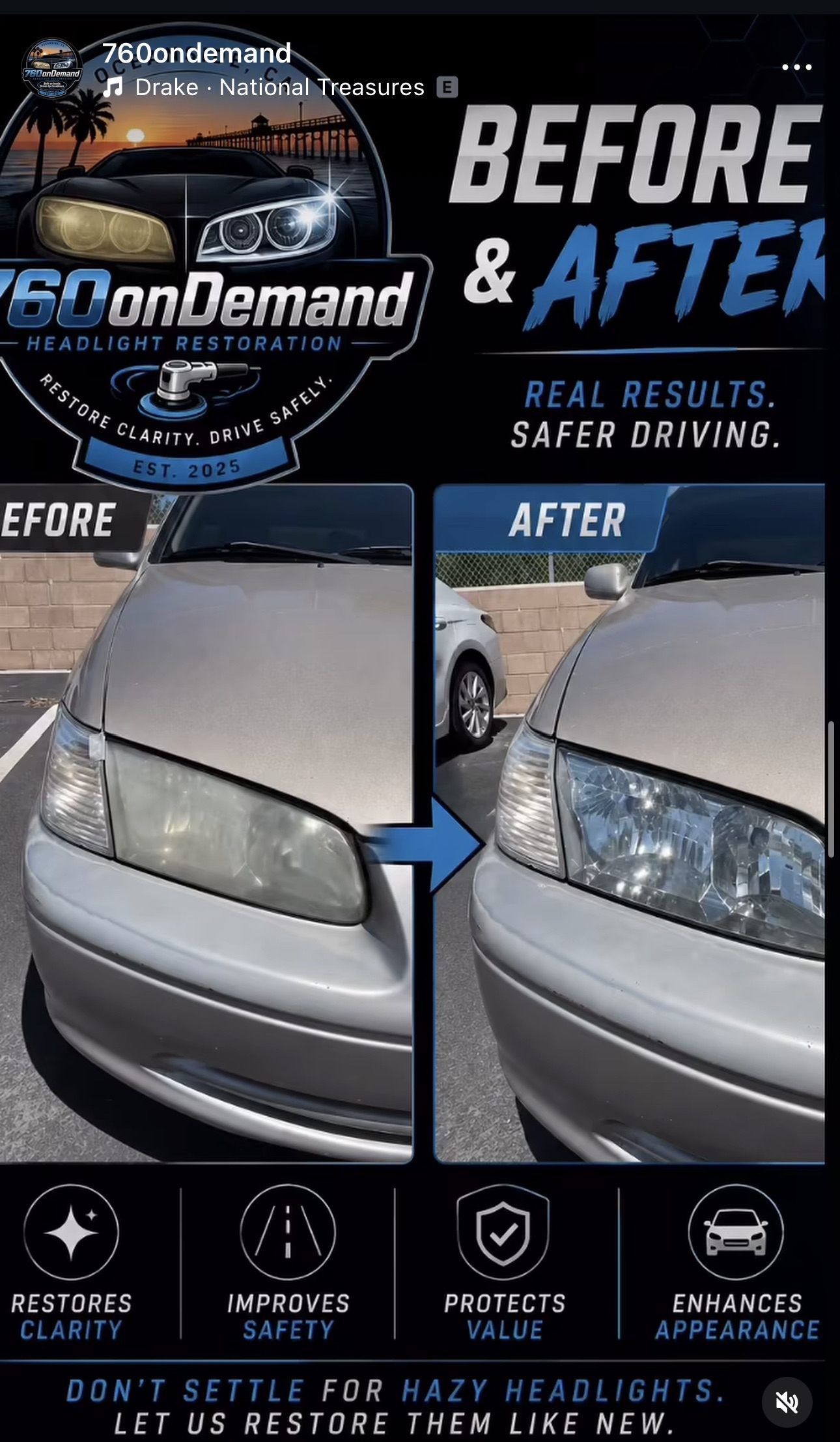 760 On Demand before and after headlight restoration showing a hazy lens restored to clear